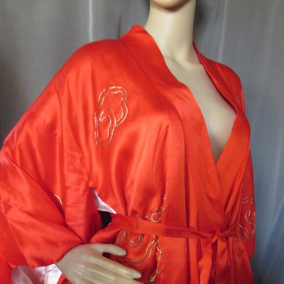 Exotic Kimono Style Robe Cherry Red Gold Blue Metallic Accents - Picture 5 of 16